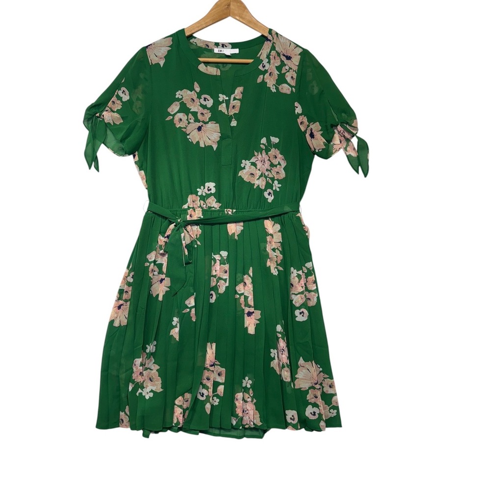DR2‎ Green Floral Pleated Mini Dress Short Tie Sleeve Feminine Boho Girly M